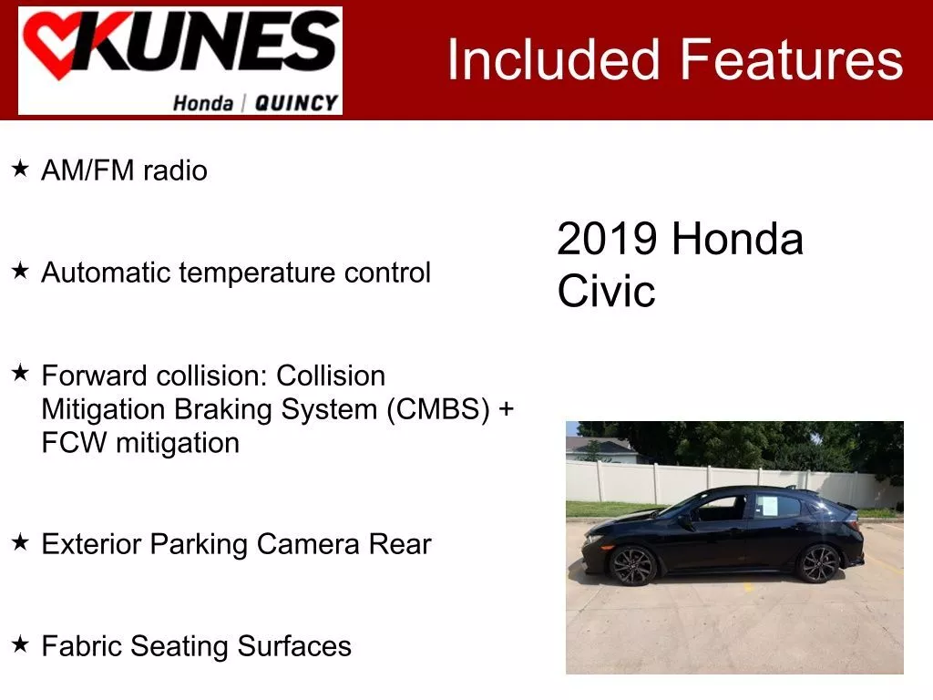 Used 2019 Honda Civic Hatchback Sport with VIN SHHFK7H47KU221442 for sale in Quincy, IL