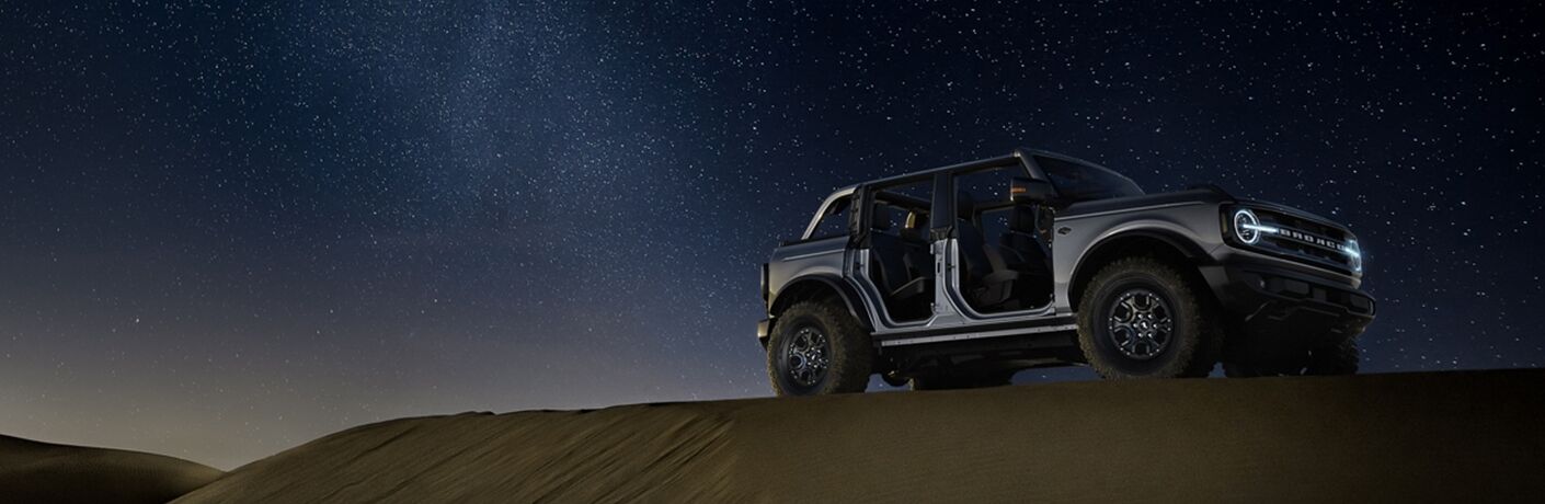 side view of a silver 2021 Ford Bronco