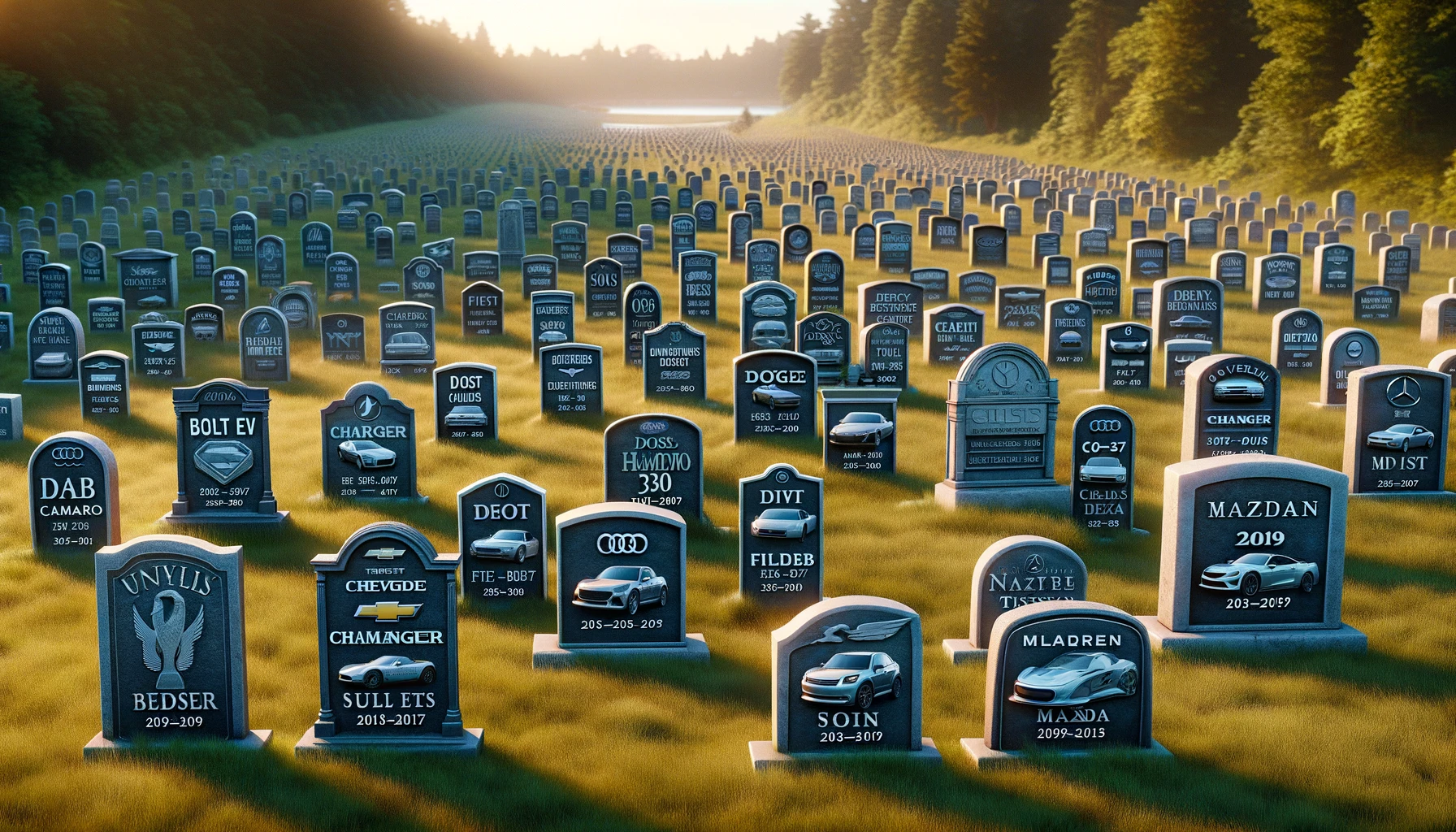 a graveyard of tombstones with the names of discontinued makes and models