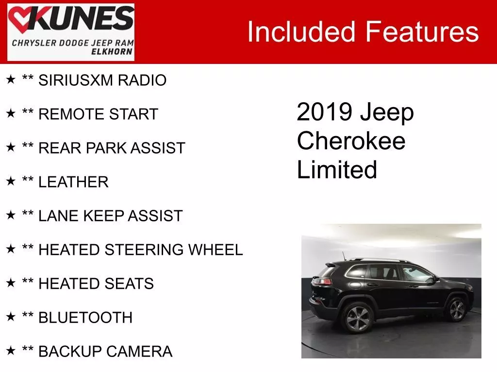 Used 2019 Jeep Cherokee Limited with VIN 1C4PJMDX3KD351118 for sale in Elkhorn, WI