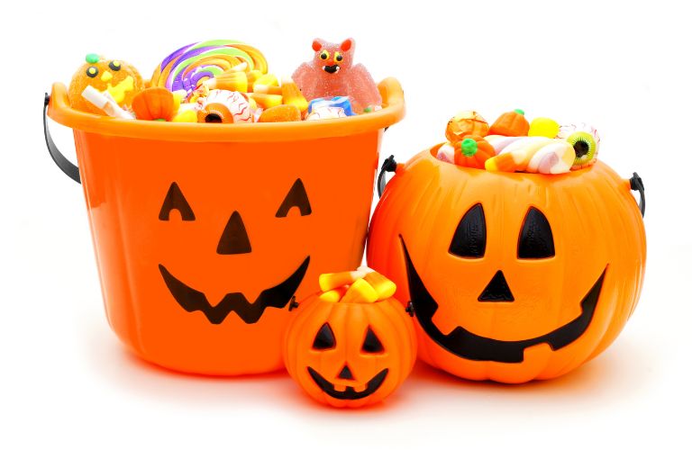 Orange Halloween Jack-o-Lantern Trick or Treat Buckets with Candy