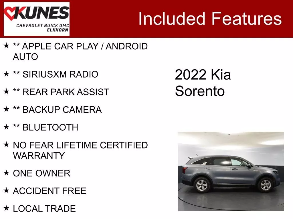 Used 2022 Kia Sorento LX with VIN 5XYRG4LCXNG107106 for sale in Elk Horn, WI