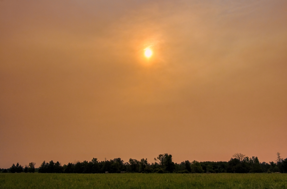 smokey landscape as sun shines orange through the hazy sky