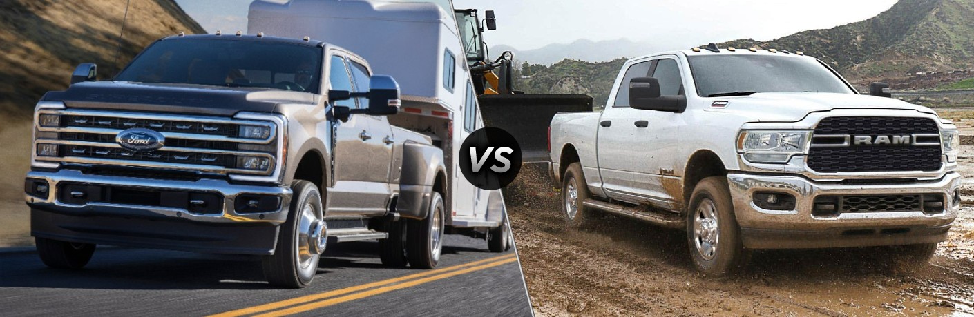 Gray 2023 Ford F-250 Super Duty Towing a Horse Trailer vs White 2023 Ram 2500HD Towing Heavy Equipment