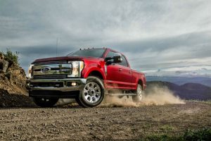 side view of a red 2019 Ford Super Duty