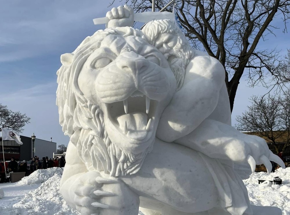 first place snow sculpture at Lake Geneva's Winterfest in 2022 - David and Goliath 