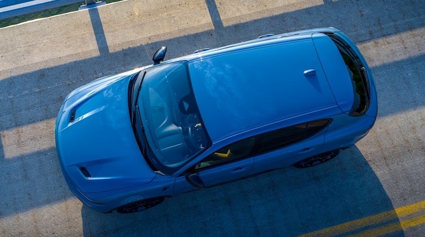 Drone style view of a blue 2023 Dodge Hornet