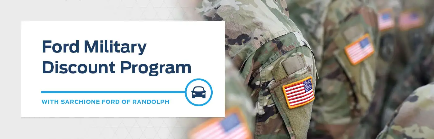 ford military discount program with image of four american flag patches on uniforms