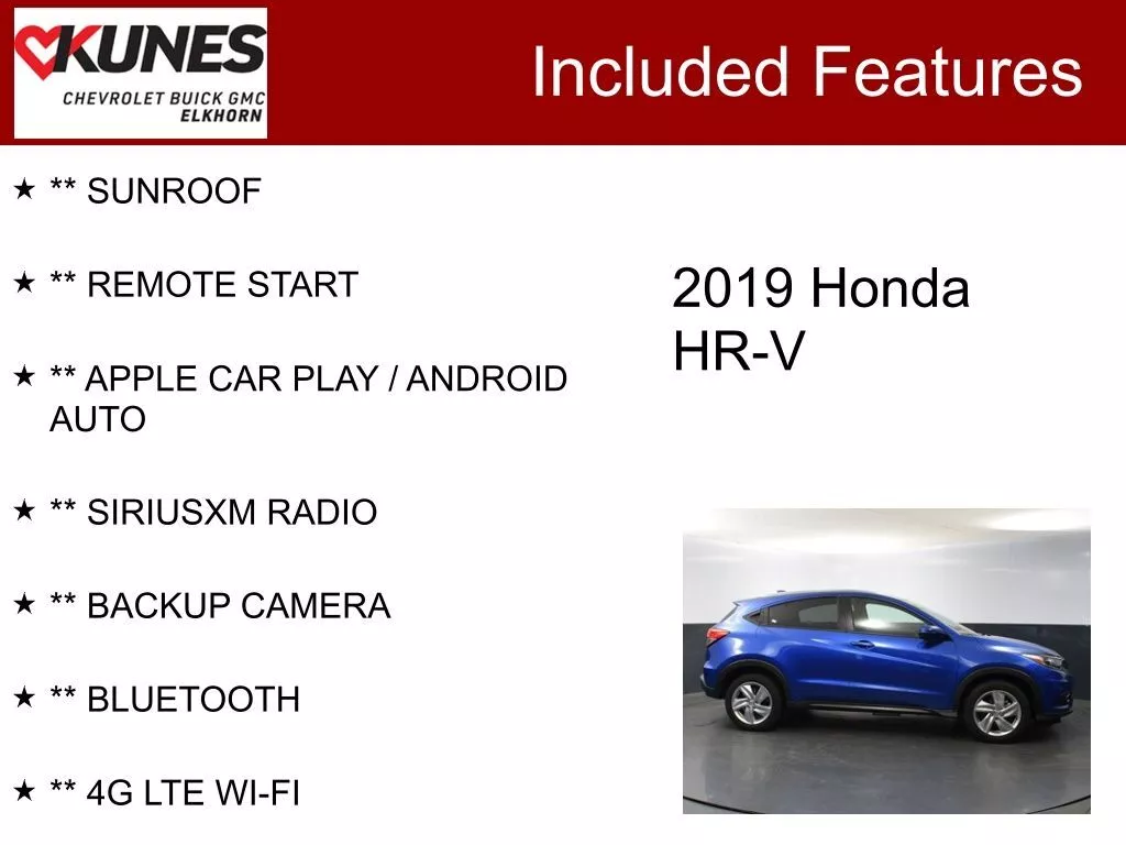 Used 2019 Honda HR-V EX with VIN 3CZRU6H51KM727172 for sale in Elk Horn, WI