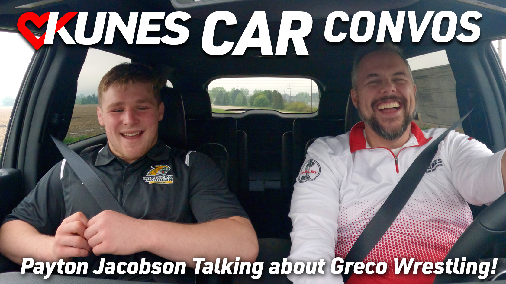 Pictured left to right: Payton Jacobson, Team USA Greco-Roman Olympic Wrestler, and Scott Kunes, COO of Kunes Auto & RV Group, laughing as they drive around in a 2024 Dodge Durango RT
Text graphic reads: Kunes Car Convos; Payton Jacobson Talking about Greco Wrestling!