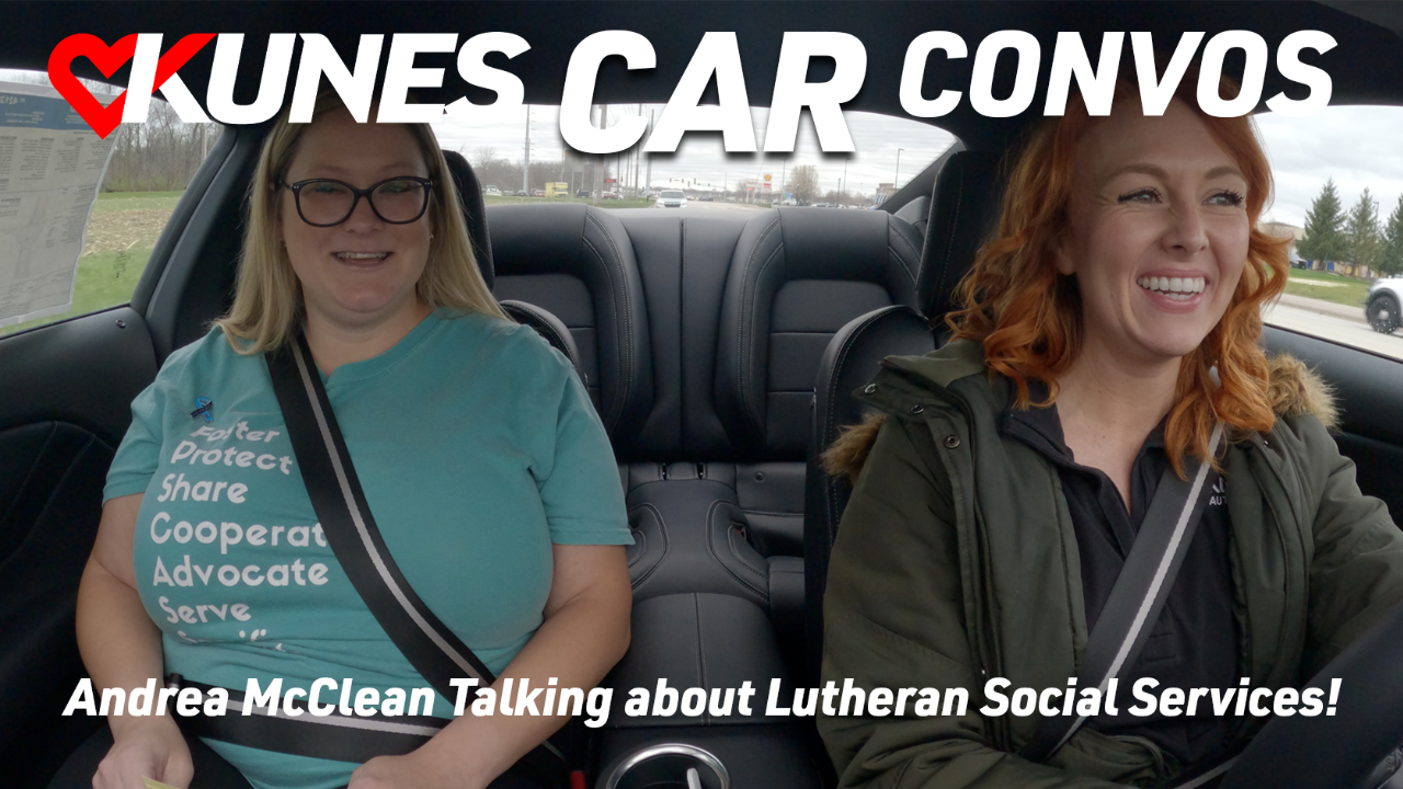 Pictured left to right: Andrea McClean, foster parent recruiter at Lutheran Social Services of Illinois, and Lauren Johnson, marketing manager at Kunes Auto & RV Group, laughing as they drive in a 2024 Ford Mustang GT

Text reads: Kunes Car Convos; Andrea McClean Talking about Lutheran Social Services!