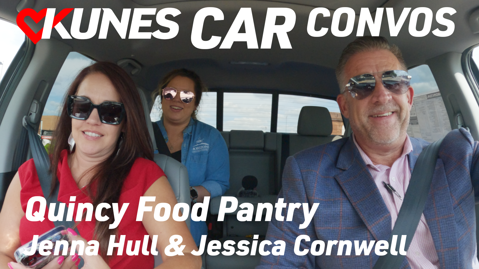 Pictured: Jenna Hull, Director of Development & Communications, Jessica Cornwell, Manager of Horizons Soup Kitchen and Food Pantry, and Jeff Conn, General Manager of Kunes Honda of Quincy, riding together inside of a 2023 Honda Ridgeline RTL. Text reads: Kunes Car Convos; Quincy Food Pantry; Jenna Jull & Jessica Cornwell
