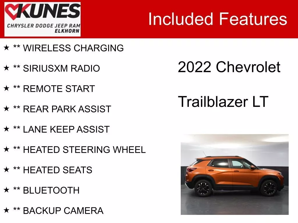 Used 2022 Chevrolet Trailblazer LT with VIN KL79MPSL3NB110173 for sale in Elkhorn, WI