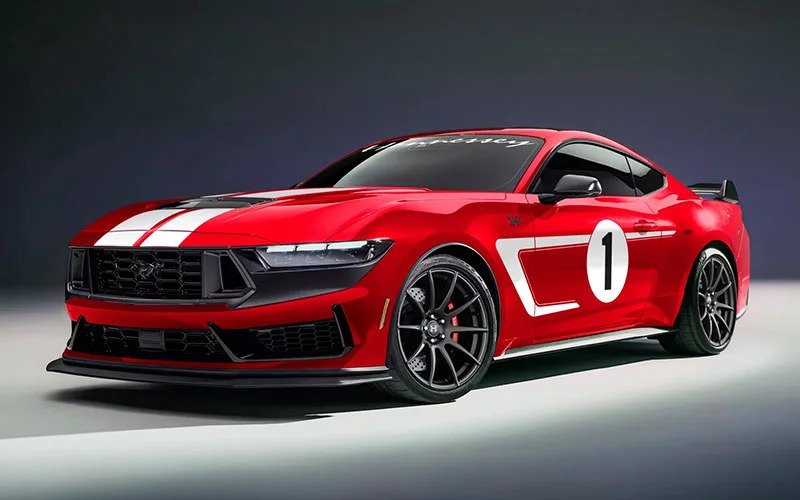 Image of red Hennessey H8950 Mustang Dark Horse with white and black "one" decal on side