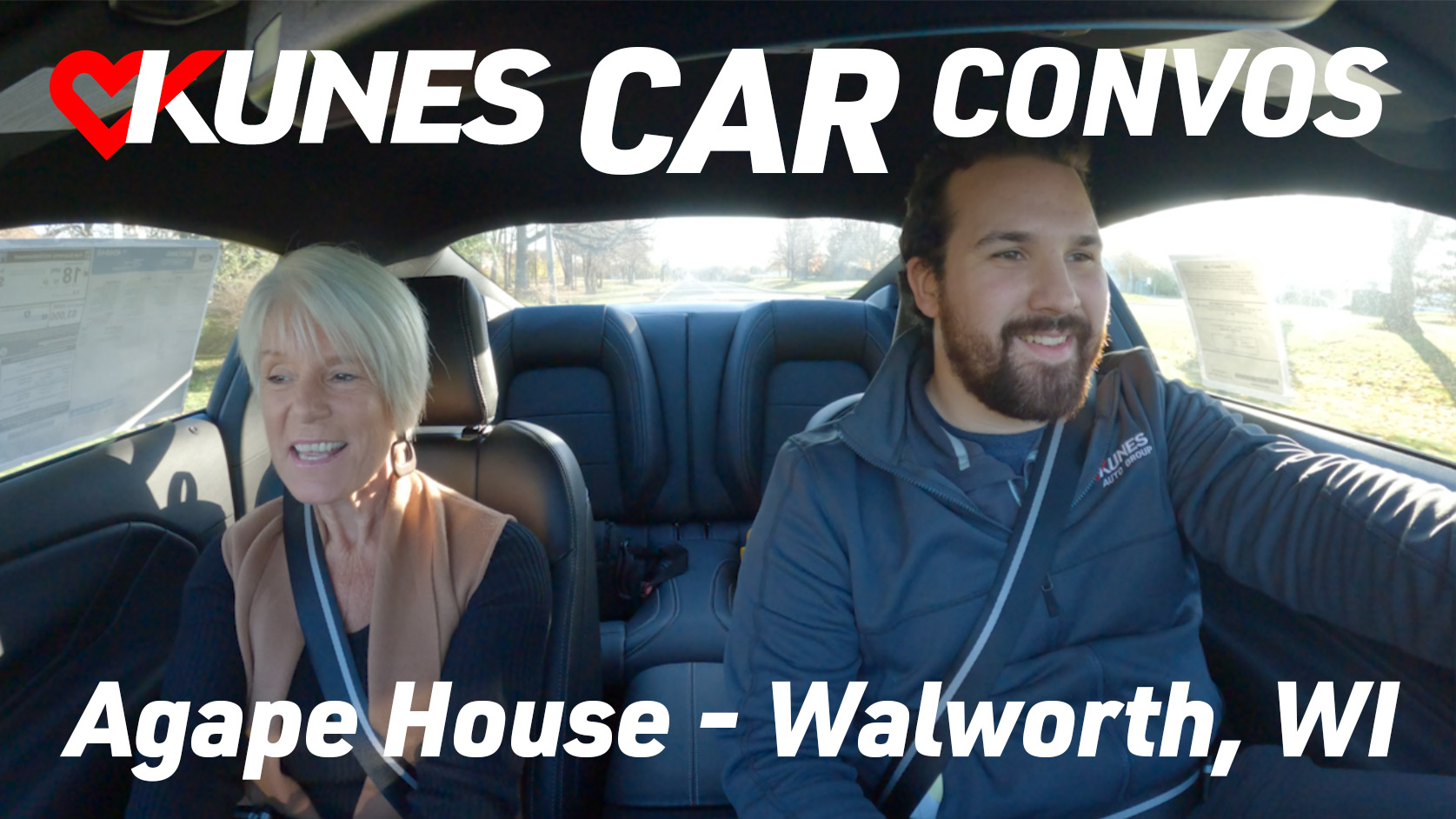 Pictured left to right: Pam Patterson, founder and CEO of Agape House, and Evan Ferguson, videographer at Kunes Auto Group; Text: Kunes Car Convos; Agape House - Walworth, WI