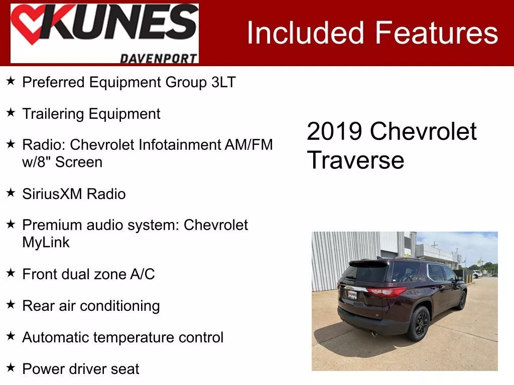 Used 2019 Chevrolet Traverse 3LT with VIN 1GNEVHKW3KJ210698 for sale in Davenport, IA