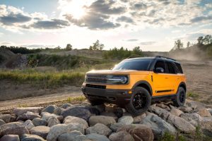 front view of a yellow 2021 Ford Bronco Sport