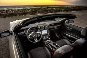 top down view of the front interior of a 2019 Ford Mustang convertible