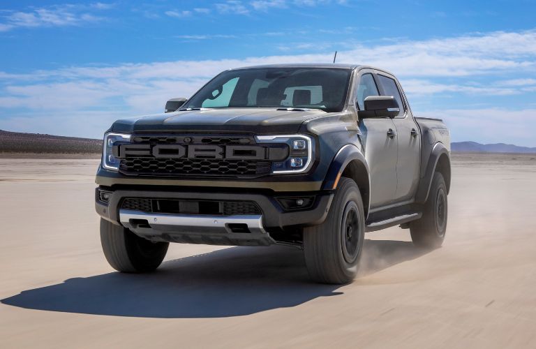 Gray 2024 Ford Ranger Raptor Front Exterior in a Desert