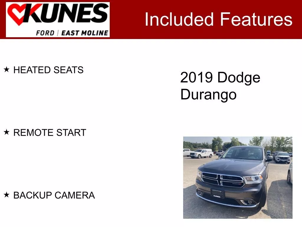 Used 2019 Dodge Durango SXT Plus with VIN 1C4RDJAG0KC651191 for sale in East Moline, IL