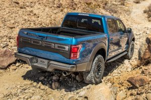 rear view of a blue 2020 Ford F-150 Raptor