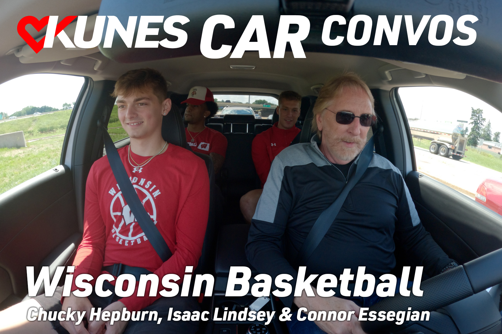 Car Convos title card with 4 people in car, 3 of which are Wisconsin BB players