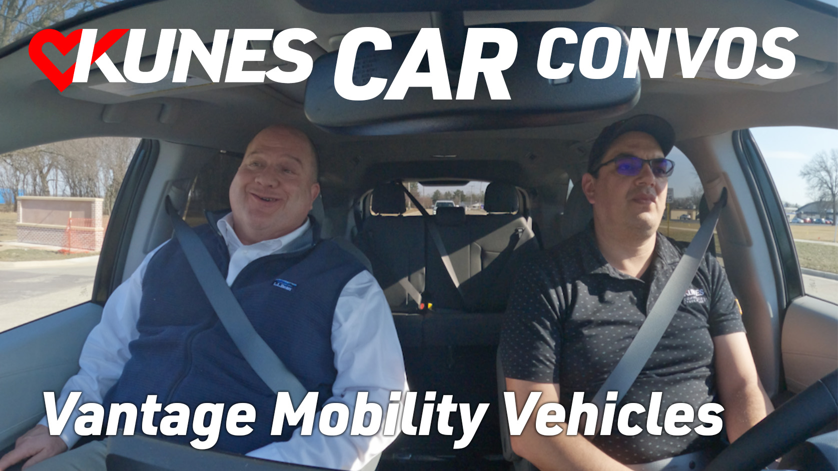 Text reads: Kunes Car Convos; Vantage Mobility Vehicles
Pictured from left to right: Doug Curtis, Vantage Mobility Project Manager, and Tony Walus, Kunes Auto Gorup Commercial Sales Manager, riding in a 2023 Toyota Sienna wheelchair accessible van