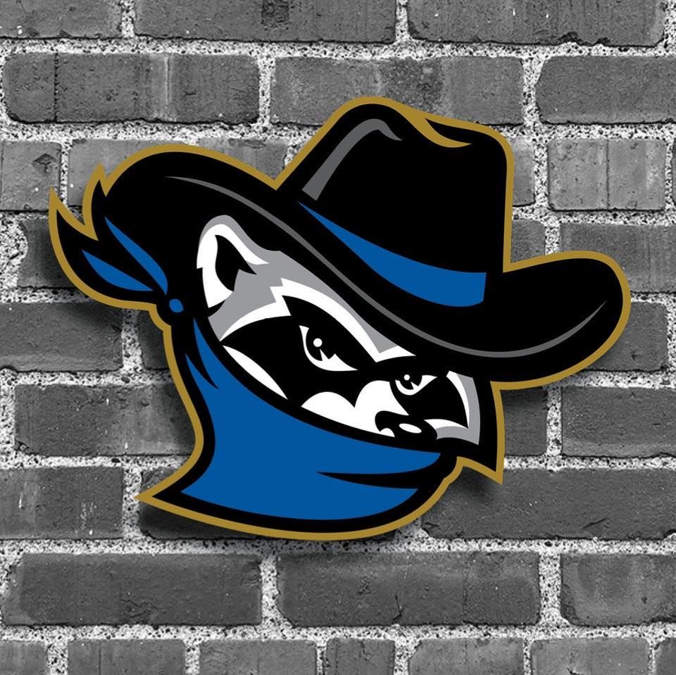 Quad Cities River Bandits logo: Raccoon wearing a black cowboy hat with a blue bandana around neck