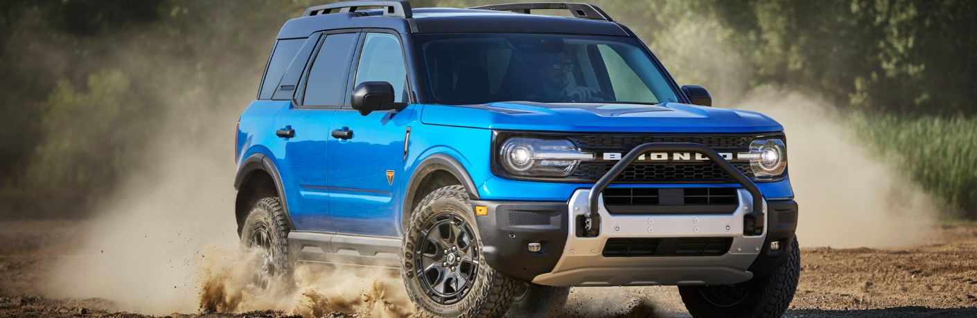 Blue 2025 Ford Bronco Sport with Sasquatch Package on Dirt Trail