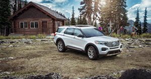 side view of a white 2021 Ford Explorer