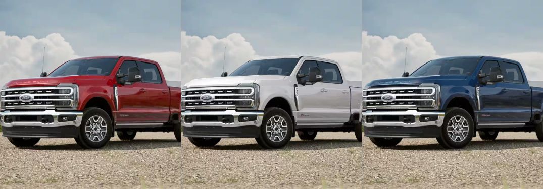 Rapid Red, Star White and Antimatter Blue 2024 Ford Super Duty Models on a Farm