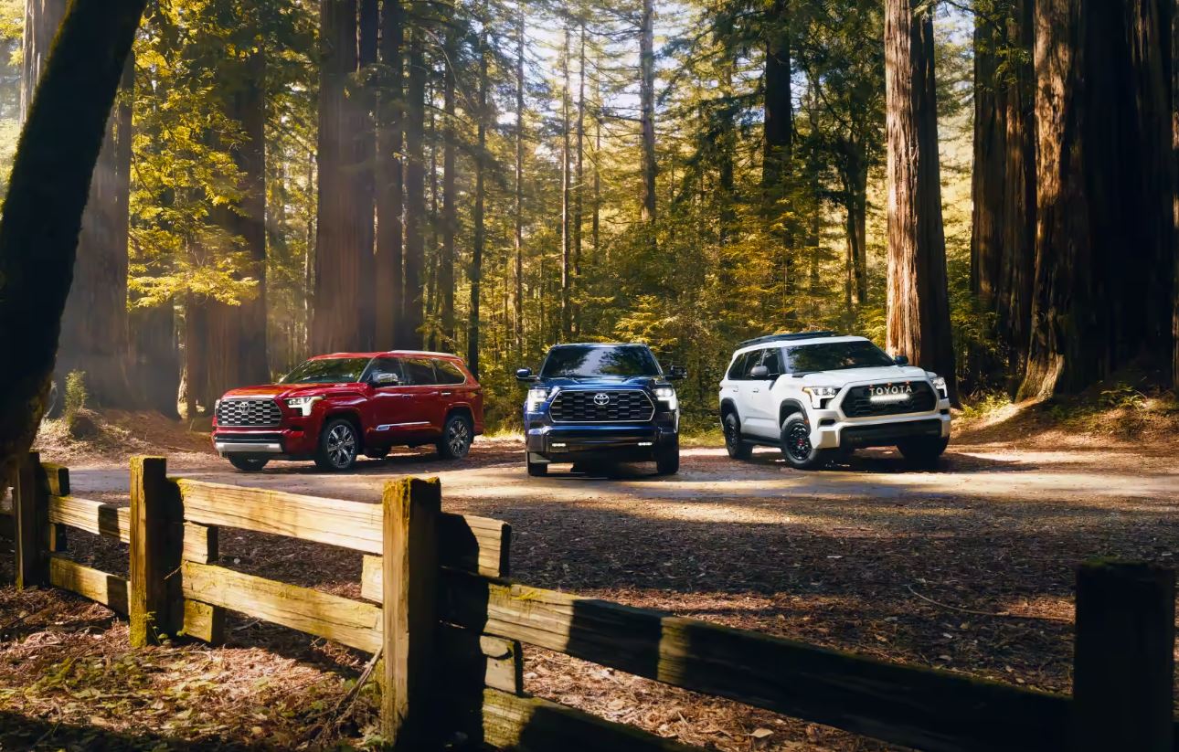 pictured left to right: red 2024 Toyota Sequoia, blue 2024 Toyota Sequoia, white 2024 Toyota Sequoia