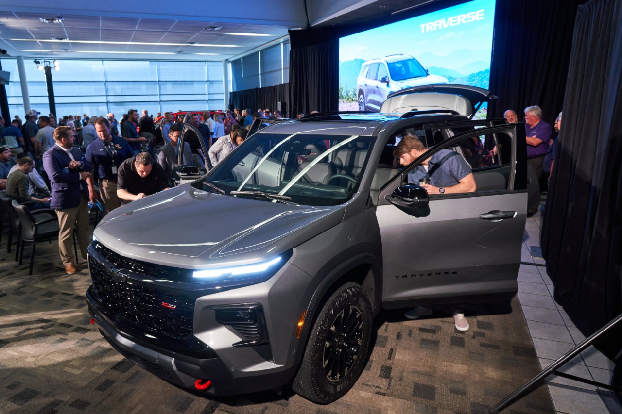 Media and event attendees get a closer look at the 2024 Chevrolet Traverse Z71 during its unveiling at Lansing Delta Township Assembly in Lansing, Michigan. (Photo by John F. Martin for Chevrolet)
