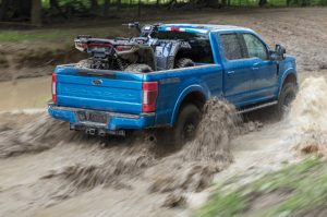 side view of a blue 2021 Ford Super Duty