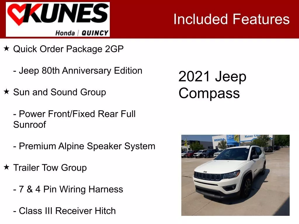 Used 2021 Jeep Compass 80th Spec. Edition with VIN 3C4NJDEBXMT513642 for sale in Quincy, IL