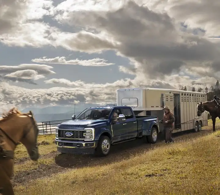 image of black ford truck towing horse trailer next to two horses