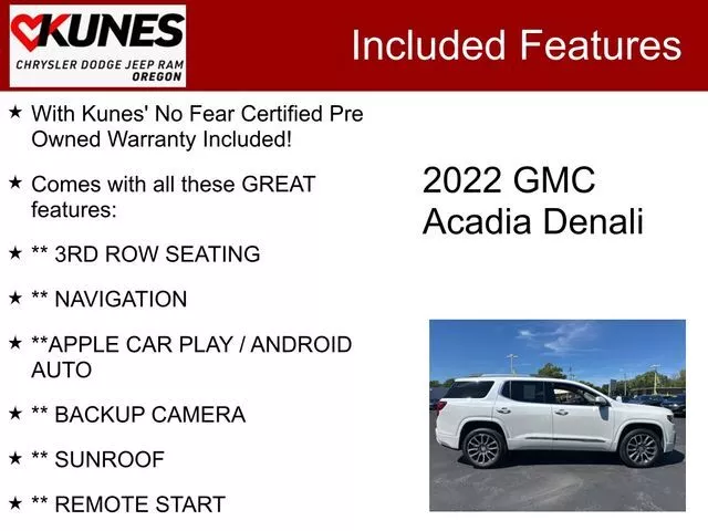 Used 2022 GMC Acadia Denali with VIN 1GKKNXLS2NZ155107 for sale in Oregon, IL