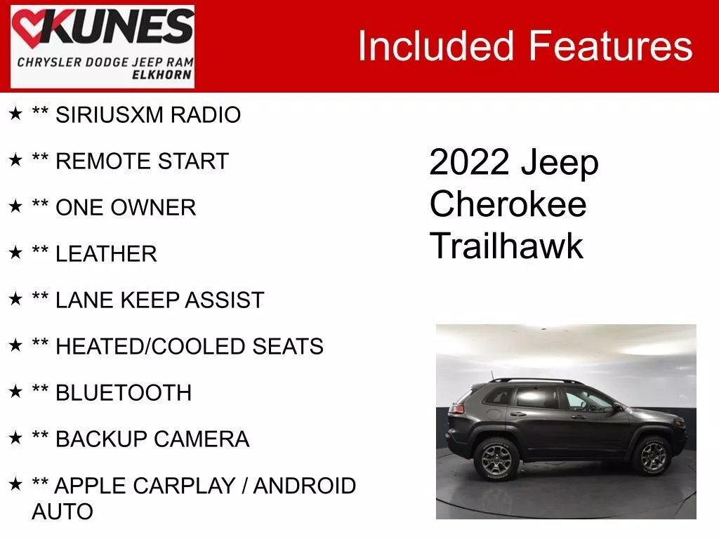 Used 2022 Jeep Cherokee Trailhawk with VIN 1C4PJMBX8ND548308 for sale in Elkhorn, WI