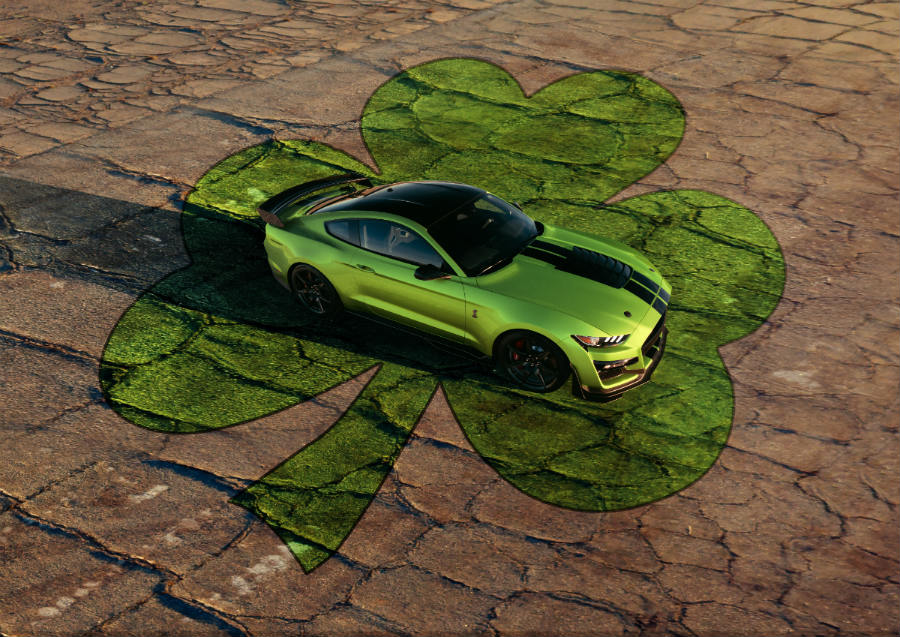 high angle side view of a Grabber Lime 2020 Ford Mustang