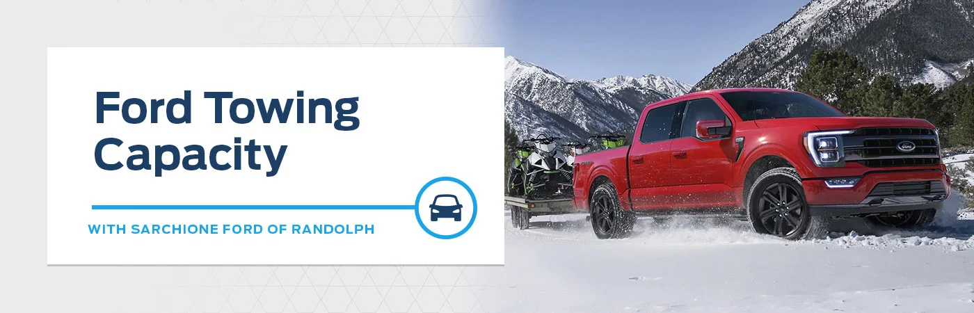 Ford Towing Capacity with image of red ford truck driving through snow