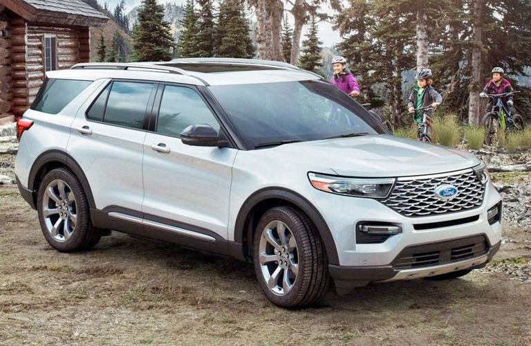 side view of a white 2021 Ford Explorer ST