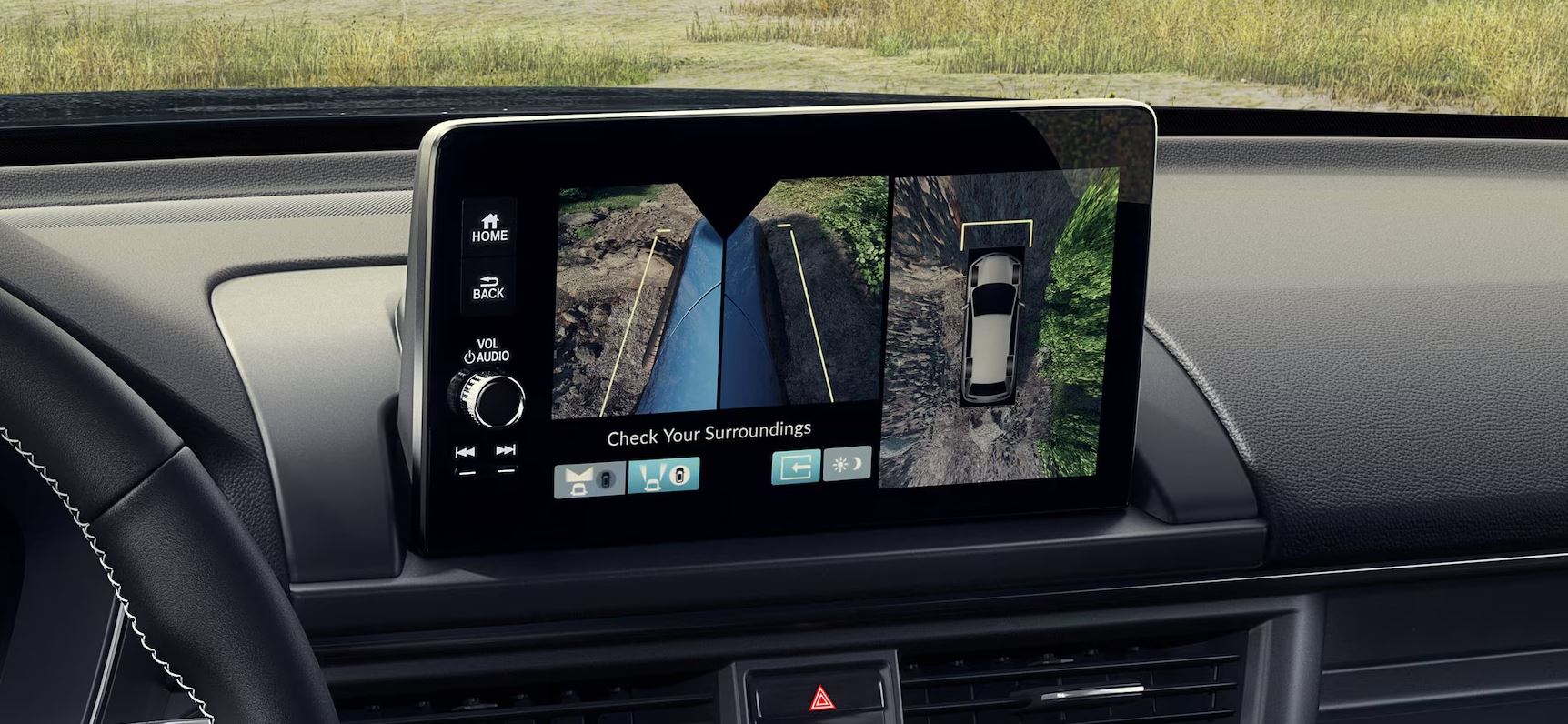 TrailWatch system displayed on the 9-inch color touch-screen, gives driver an eagle view of the 2025 Honda Pilot, as well as the area surrounding the vehicle