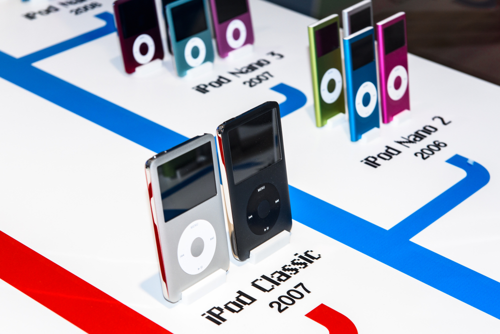 Various iPods displayed with labels indicating their release years, showcasing the evolution of digital music players.