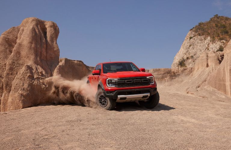 Red 2023 Ford Ranger Raptor on Desert Trail