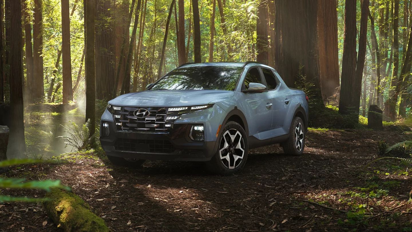 A 2024 Hyundai Santa Cruz parked in the woods.