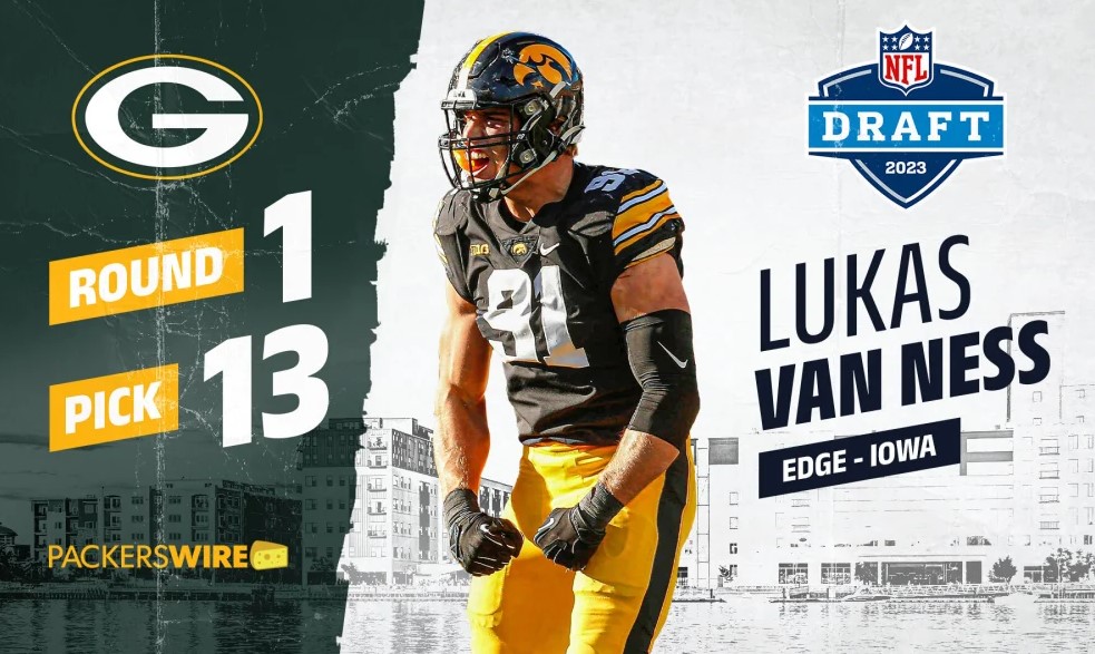 Image text: Round 1, Pick 13, Packers wire, Draft 2023, Lukas Van Ness, Edge - Iowa; Pictured: Lukas Van Ness in football uniform