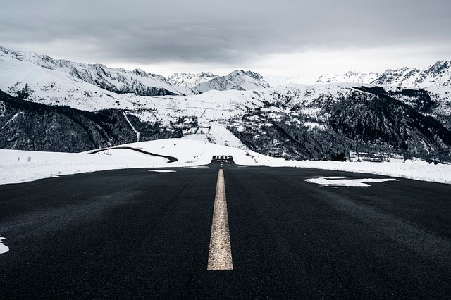 mountains, snow, road