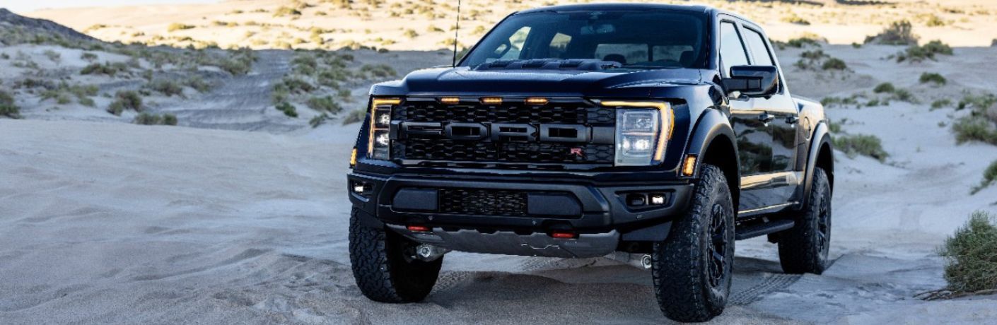 Blue 2023 Ford F-150 Raptor R Front Exterior in the Desert