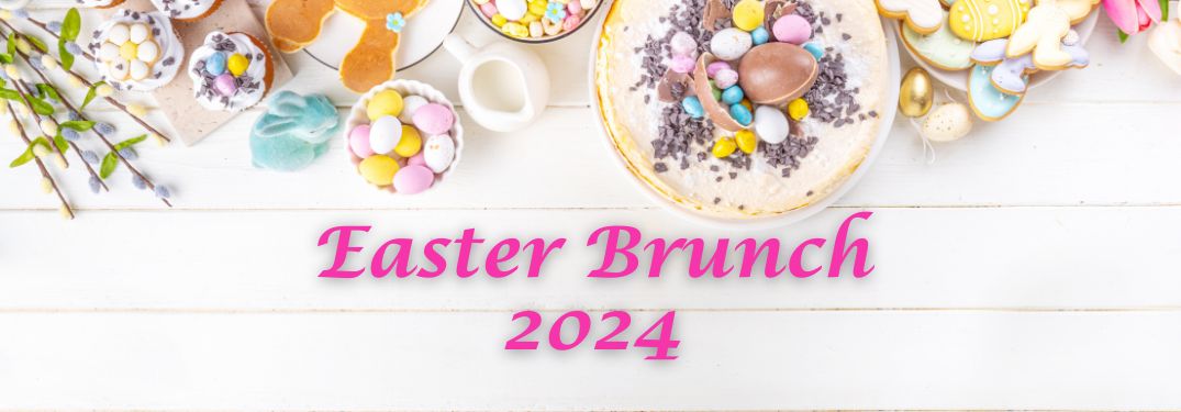Table with Easter Brunch Candy and Food and Pink Easter Brunch 2024 Text