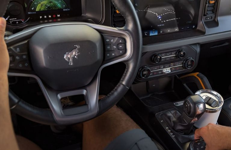 Close Up of 2024 Ford Bronco Steering Wheel, Center Console and Touchscreen Display